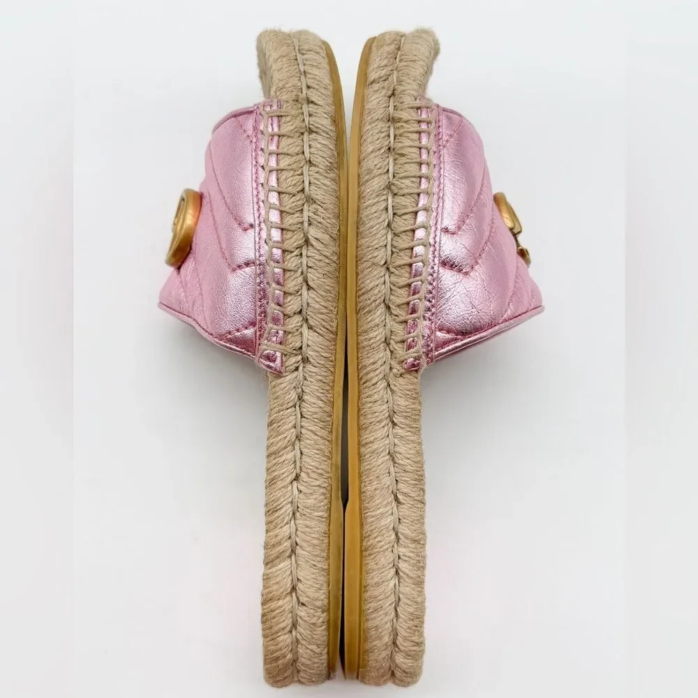 Gucci Pilar GG Marmont Metallic Rosa Leather Espadrille Slide Sandals EU 37 US 7